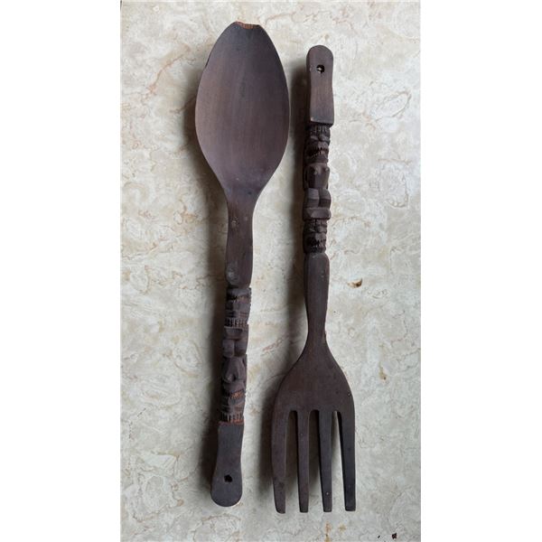 Large Carved Wooden Spoon & Fork 21"L