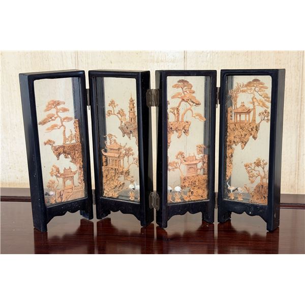 Asian 4-Panel Cork Diorama Folding Screen Approx 12"L x 7.5"H