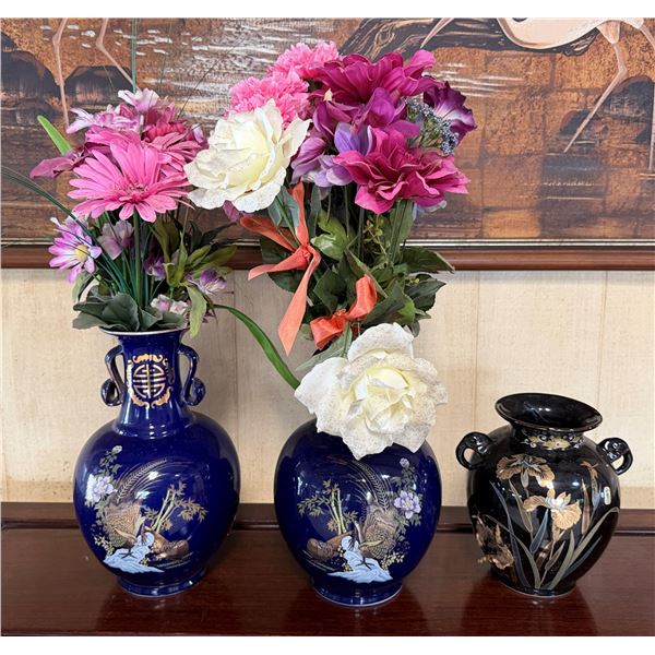 Qty 3 Asian Floral Vases w/ Artificial Flowers, Misc Sizes