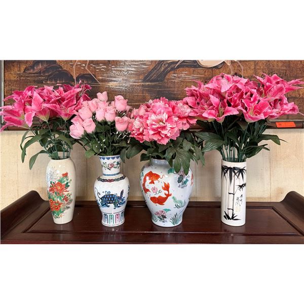 Qty 4 Asian Floral Vases w/ Artificial Flowers, Misc Sizes