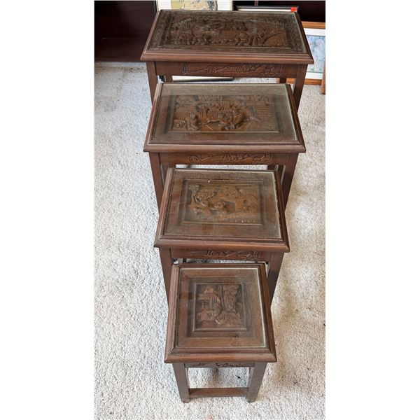 Set of 4 Carved Wooden Nesting Tables 18" x 13" x 26" (largest)
