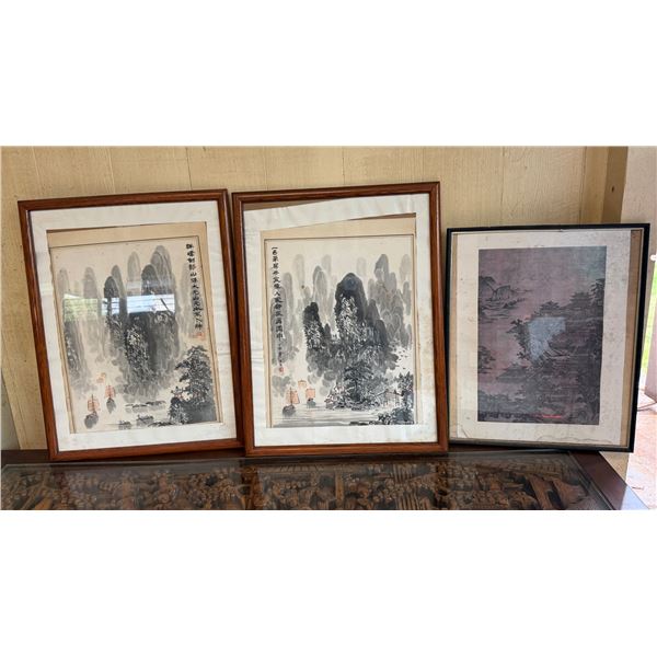 Qty 3 Asian Artworks w/ Calligraphy, Misc Sizes, Framed