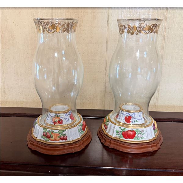 Qty 2 Franklin Mint Les Fruit de Provence Candle Holders w/ Hurricane Glass 10"H