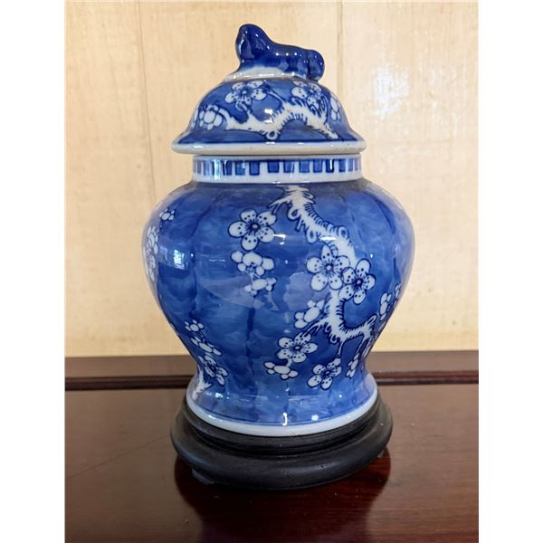 Blue Floral Ginger Jar w/ Domed Lid & Maker's Mark on Stand 5" Dia, 9"H