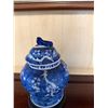 Image 2 : Blue Floral Ginger Jar w/ Domed Lid & Maker's Mark on Stand 5" Dia, 9"H