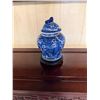 Image 3 : Blue Floral Ginger Jar w/ Domed Lid & Maker's Mark on Stand 5" Dia, 9"H