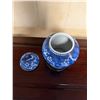 Image 4 : Blue Floral Ginger Jar w/ Domed Lid & Maker's Mark on Stand 5" Dia, 9"H