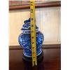Image 7 : Blue Floral Ginger Jar w/ Domed Lid & Maker's Mark on Stand 5" Dia, 9"H