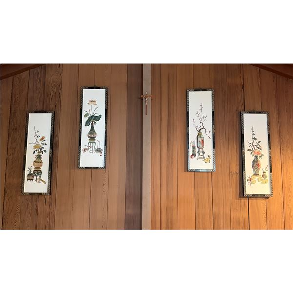 Qty 4 Asian Wall Panels w/ 3D Carved Vase & Floral Arrangements 12" x 36"