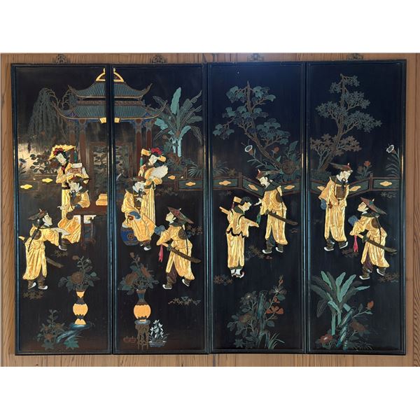 Asian 4-Panel Folding Screen w/ Figures & Pagoda 48" x 36"