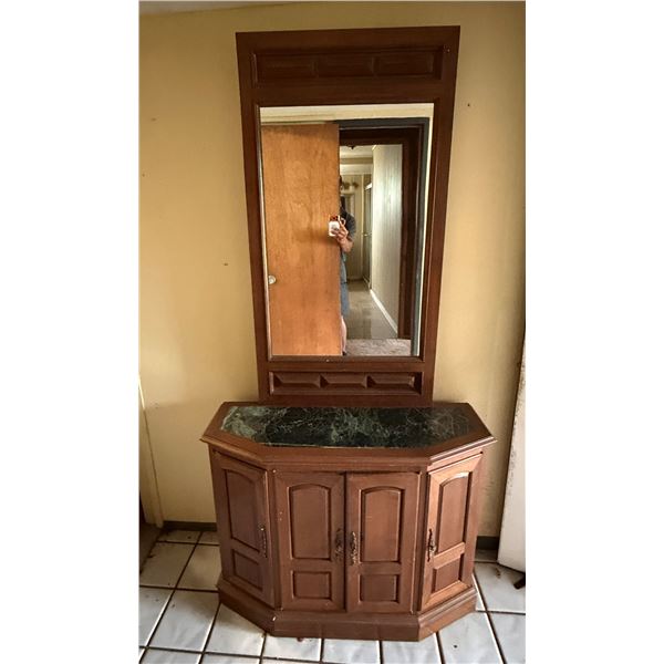 Wooden Cabinet w/ 4-Doors, Stone Top & Wall Mirror 39" x 13.5" x 30"H (49" Mirror)