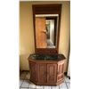 Image 1 : Wooden Cabinet w/ 4-Doors, Stone Top & Wall Mirror 39" x 13.5" x 30"H (49" Mirror)