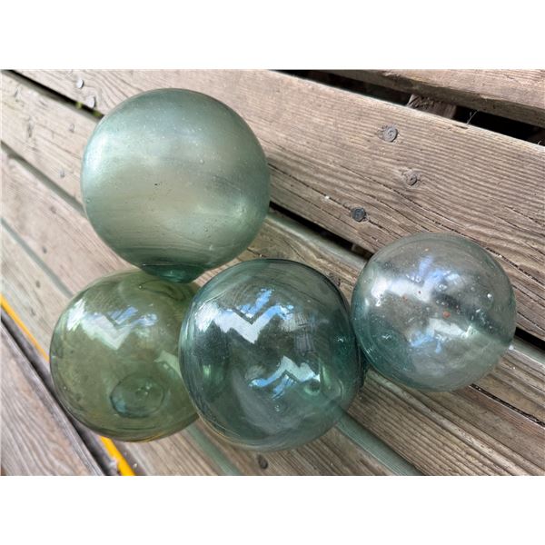 Qty 4 Japanese Glass Fishing Floats, Misc Sizes