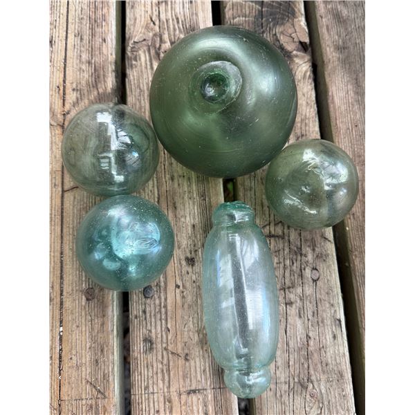 Qty 5 Japanese Glass Fishing Floats, Misc Sizes