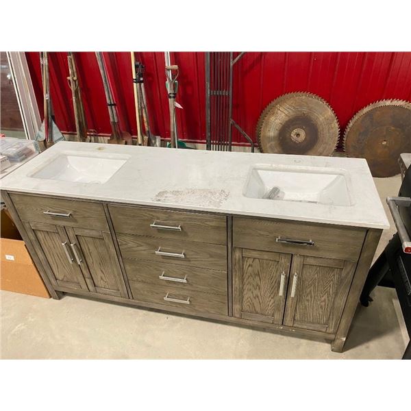 72 INCH VANITY WITH TOP- HAS FEW SCUFFS AND TOP IS DIRTY