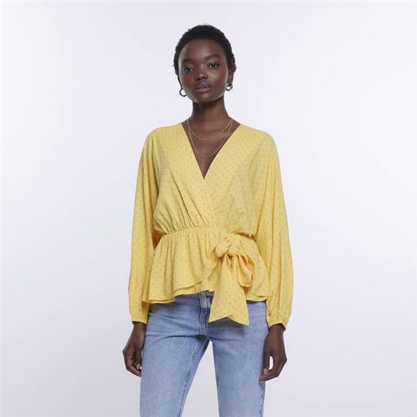 Womens Yellow Spot Long Sleeve Kimono Wrap Top, Size 8 US
