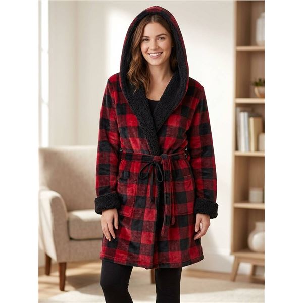 Emily Jane Hooded Red and Black Checkered Robe, Size S/M with Belt