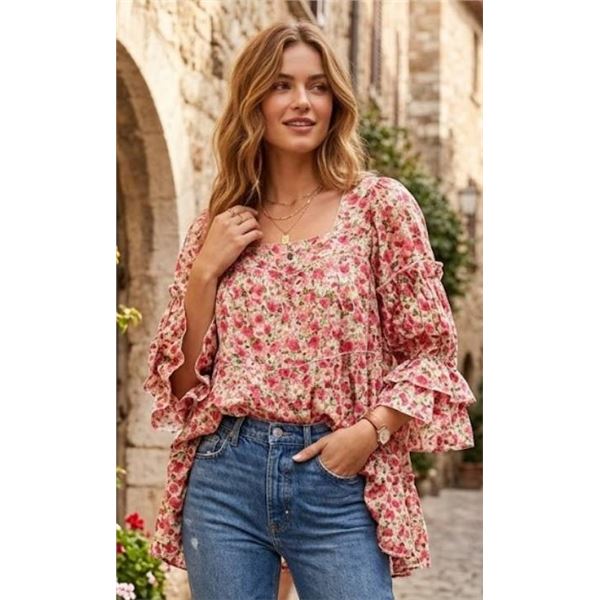 Moon River Floral Ruffle Long Blouse in Pink Size Large