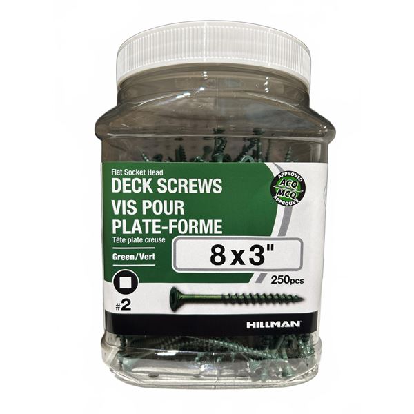 Lot of 4 - Hillman 8x3 Inch Green Deck Screws, 250 pcs