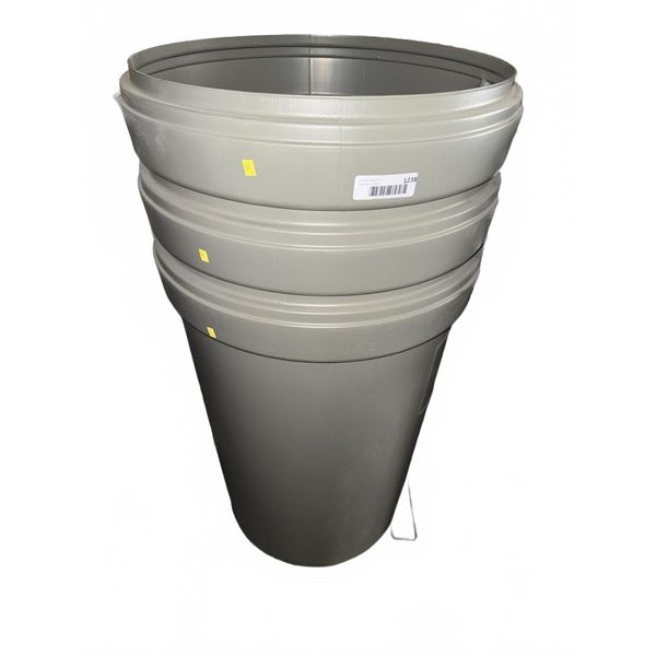 Stack of Three Gray Plastic Trash Cans