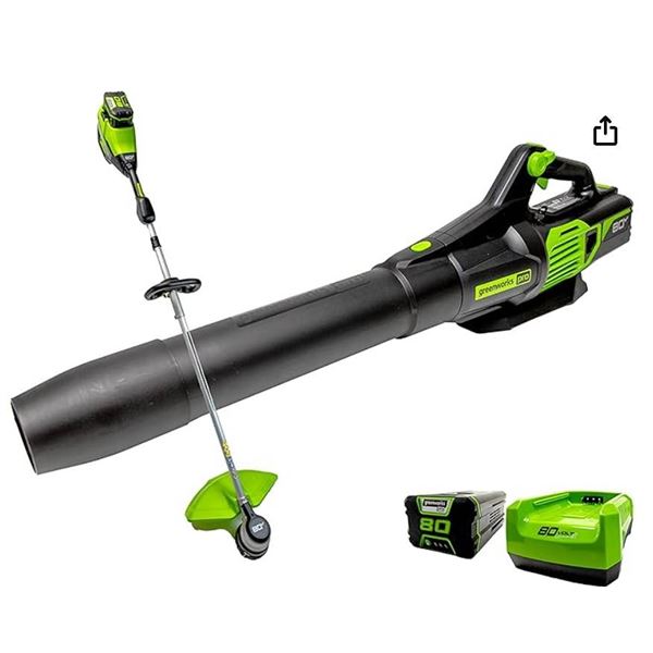 Greenworks PRO 80V Blower + 16-Inch String Trimmer, 2.0 AH Battery and Charger Included 1314102HDVT 