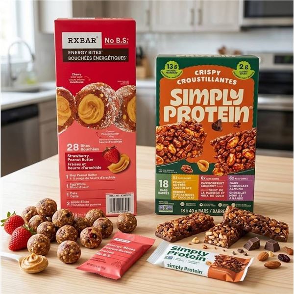 Lot of RXBAR and Simply Protein Snack Bars
