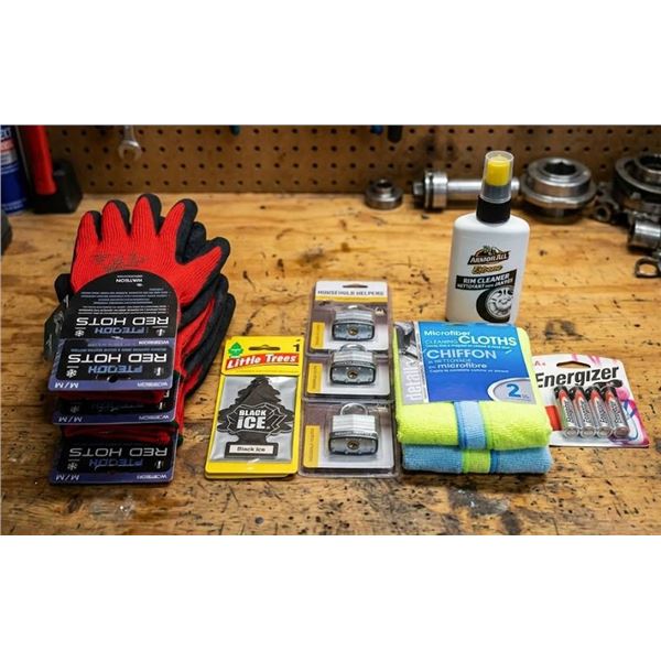 Assorted Lot of  Gloves, Cleaners, Batteries, etc