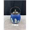 Image 1 : Antique Wedgewood Dark Blue Jasperware Biscuit Barrel with Silver Plate Lid