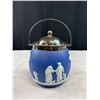 Image 2 : Antique Wedgewood Dark Blue Jasperware Biscuit Barrel with Silver Plate Lid