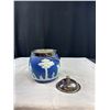 Image 4 : Antique Wedgewood Dark Blue Jasperware Biscuit Barrel with Silver Plate Lid