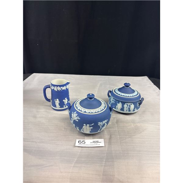 Antique Wedgewood Jasperware Dark Blue Teapot, Cream and Sugar