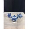 Image 1 : Antique Wedgewood Jasperware Dark Blue Teapot, Cream and Sugar