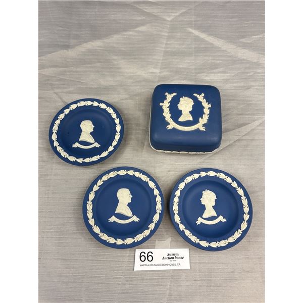 Antiwque Wedgewood Royal Blue Jasperware Queen Elizabeth Trinket Box and Small Plates