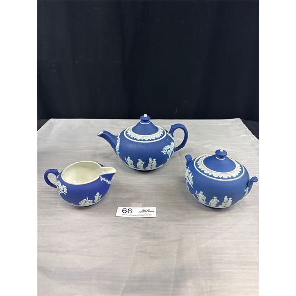 Antique Wedgewood Jasperware Dark Blue Teapot, Cream and Sugar