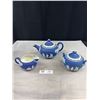 Image 1 : Antique Wedgewood Jasperware Dark Blue Teapot, Cream and Sugar