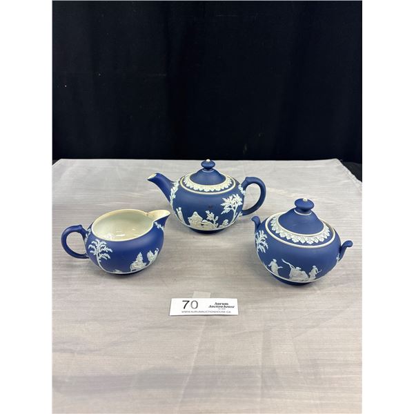 Vintage Wedgewood Jasperware Blue Teapot with Lidded Sugar and Creamer