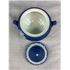 Image 6 : Vintage Wedgewood Jasperware Blue Teapot with Lidded Sugar and Creamer