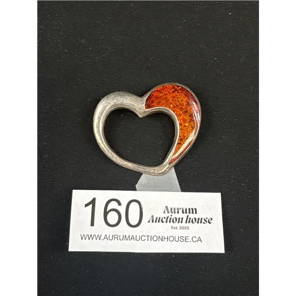 Solid Silver Amber Heart Shops Gorgeous! Vintage Brooch