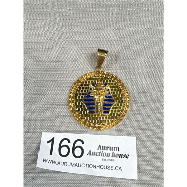 Vintage Solid Blue Enamel Egyptian Gold Pendant Quality! Heavy!