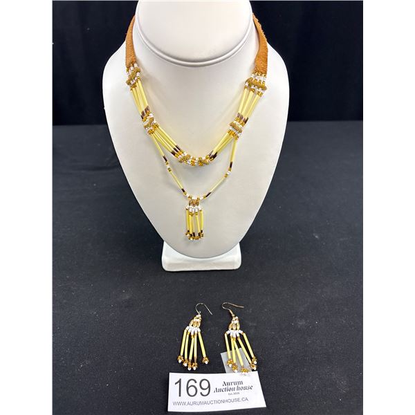 Vintage C.1970 Leather Porcupine Quill Native Necklace Earring Set