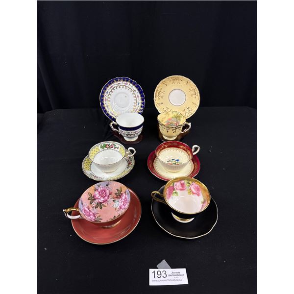 Lot of 6 Vintage Bone China Teacups + Saucers, Aynsley, Royal Albert, etc