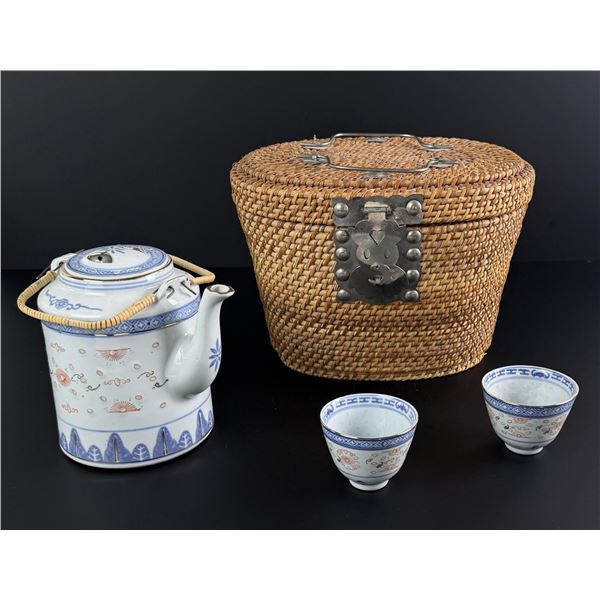 Chinese Porcelain Teapot in Basket