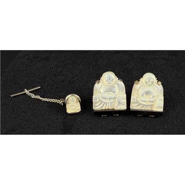 Swank Mother of Pearl Buddha Cufflinks Tie Tack