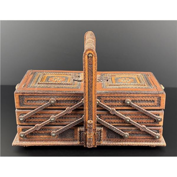Tramp Art Pyrography Sewing Box