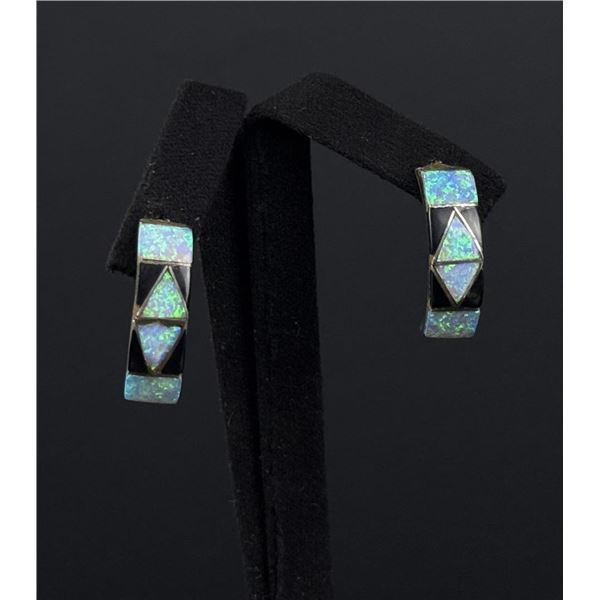 Zuni Sterling Opal and Onyx Earrings