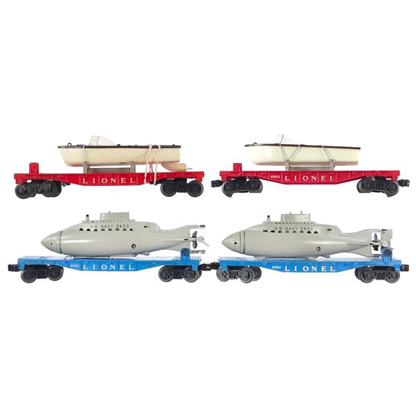 (4) Lionel Assorted Flat Cars w/Navy Submarines & Boats