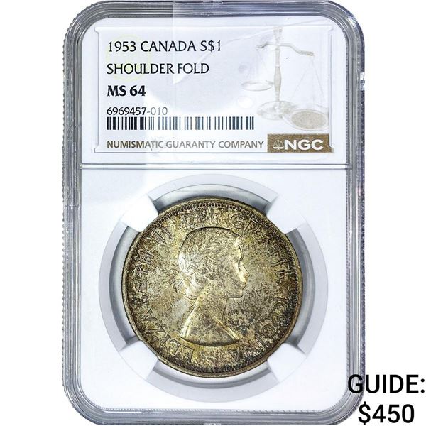 1953 $1 Sliver Canada Shoulder Fold NGC MS64