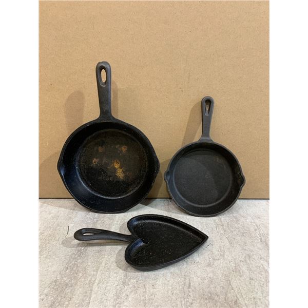 Lot of 3 Small Cast Iron Pans - One is Heart Shaped