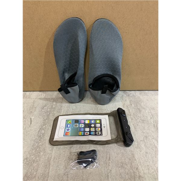 1 Pair of Water Shoes - Gray Hexagonal Pattern - Comes w/ Waterproof Phone Bag