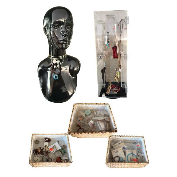 New Black Bust Display & Group of Assorted Jewelry - includes Bracelets/Rings/Sterling Necklaces & M